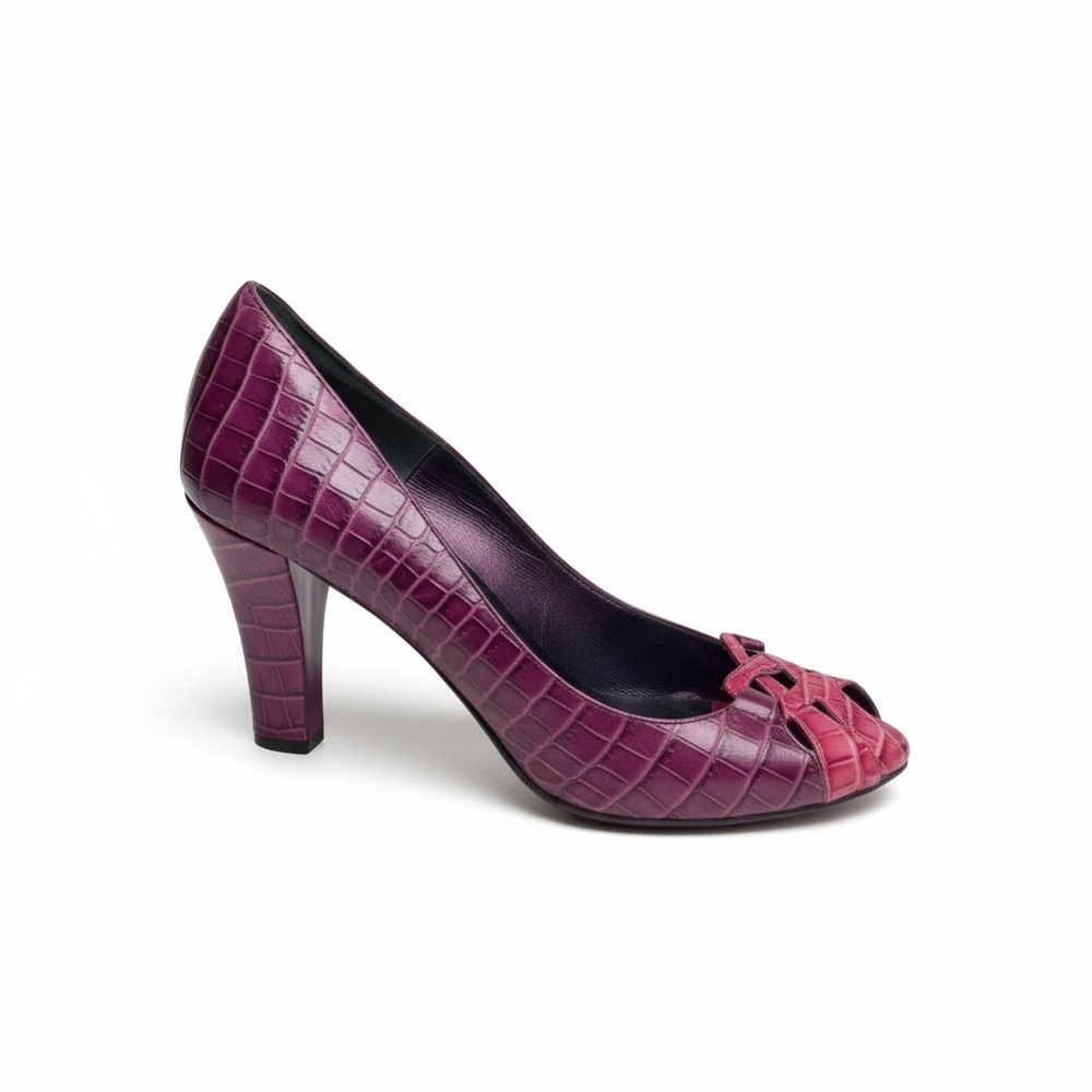 Vintage: Isaac ❉ Embossed Cut Out Peep Toe Pump Heels ❉ 2 Tone Pink Leather ❉ 8M